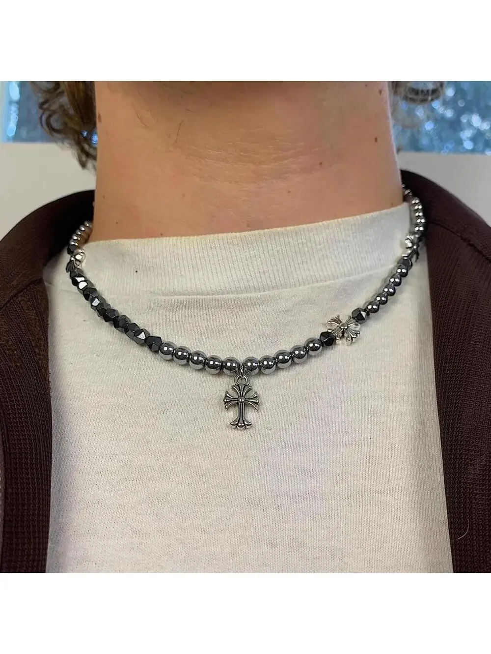 Cyber y2k 2000s style grunge chrome pearl rhinestone silver cross pendant Cuban